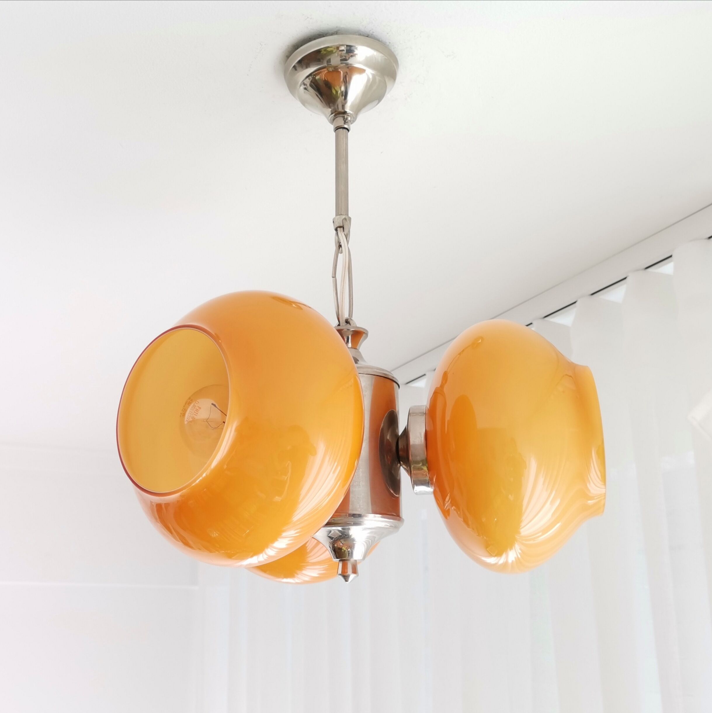 Vintage mid century modern 3-light orange glass chandelier