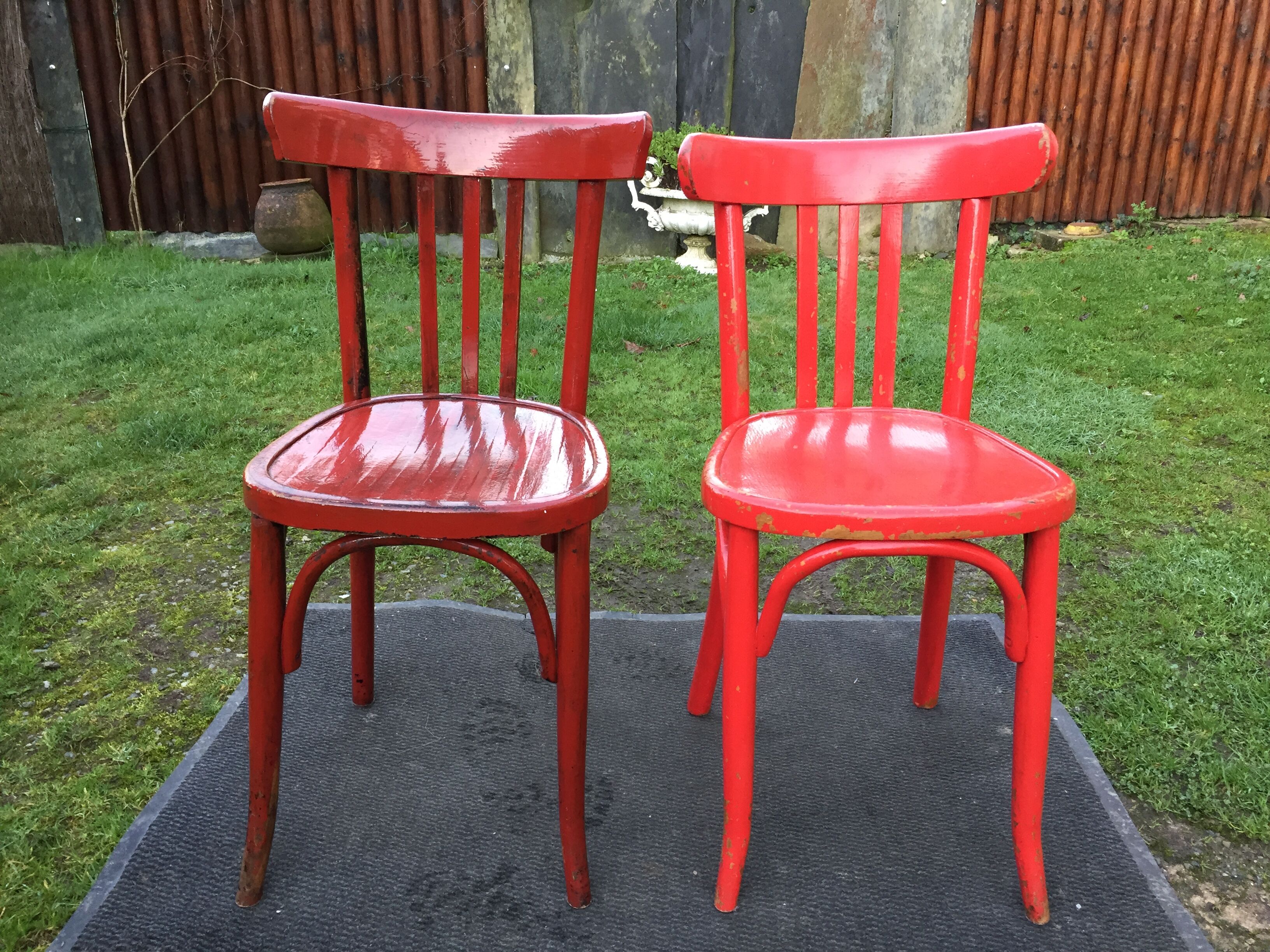 Vintage bistro chairs painted in burgundy and red