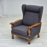 1970s, highback Danish armchair with footstool, furniture wool fabric, oak.