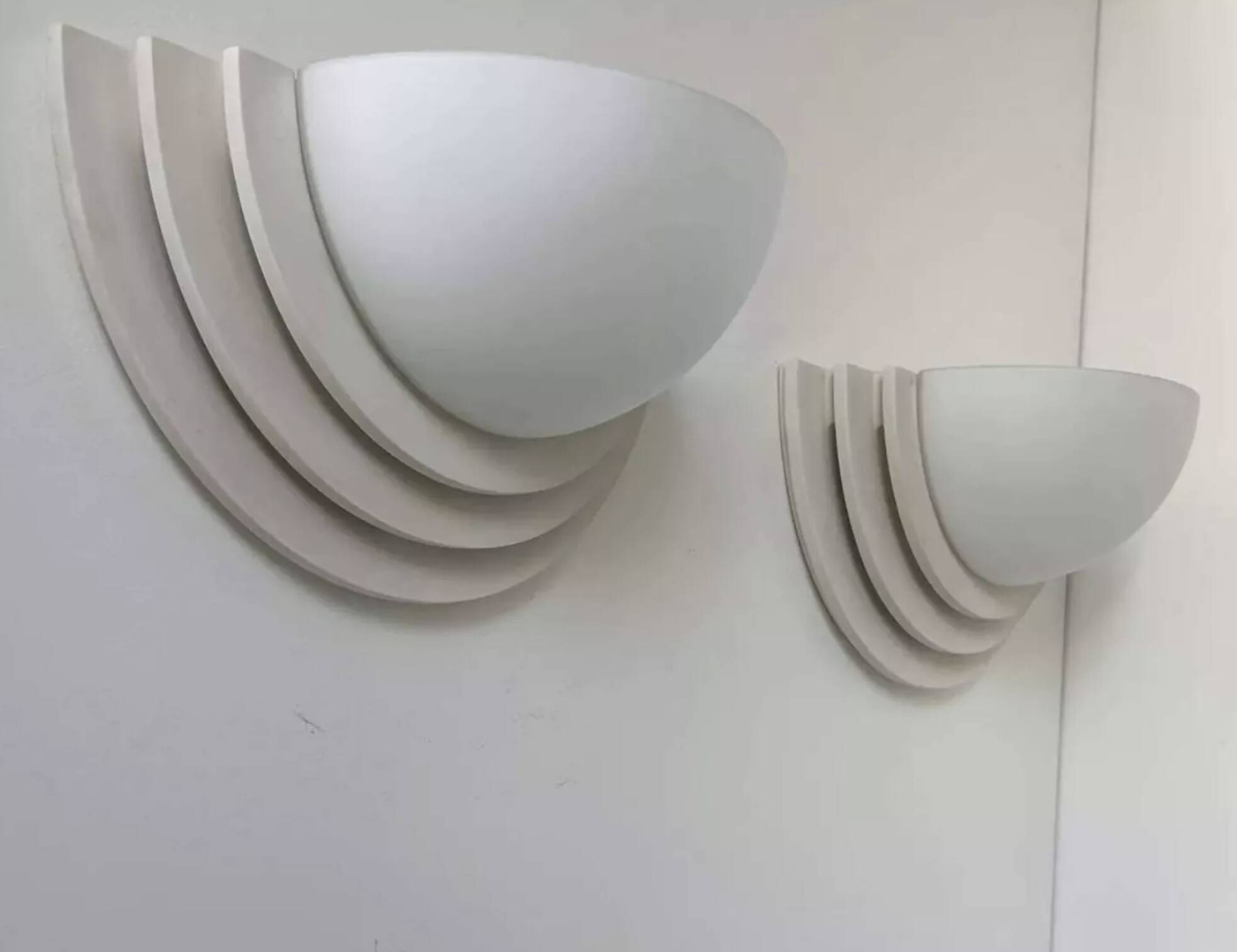 Pair of vintage geometric wall lights, plaster and sandblasted glass, France 1970