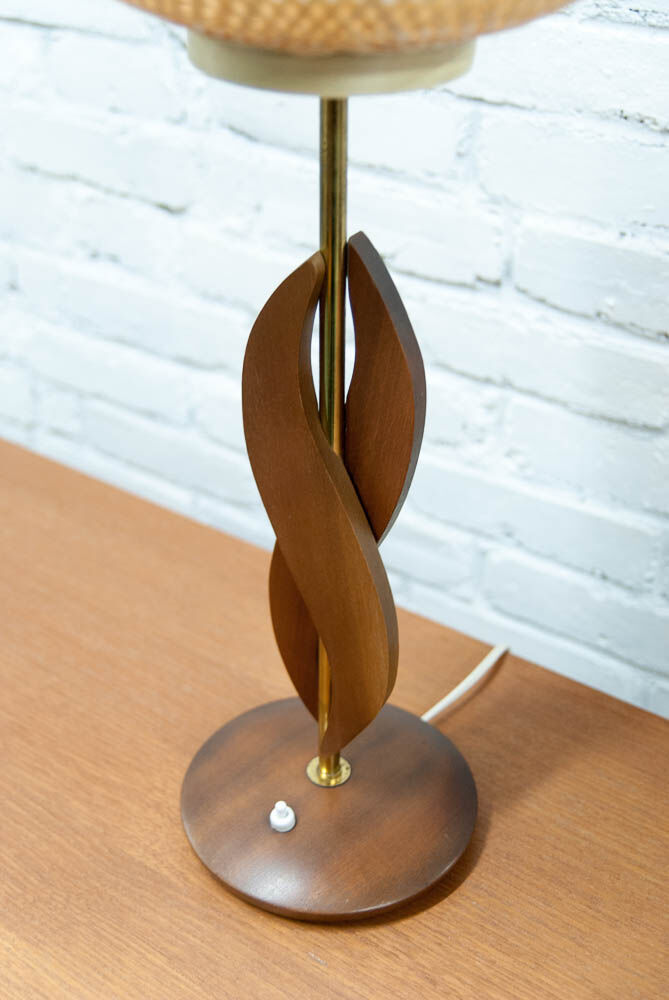 Teak brass and rattan table lamp