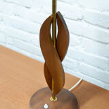 Teak brass and rattan table lamp