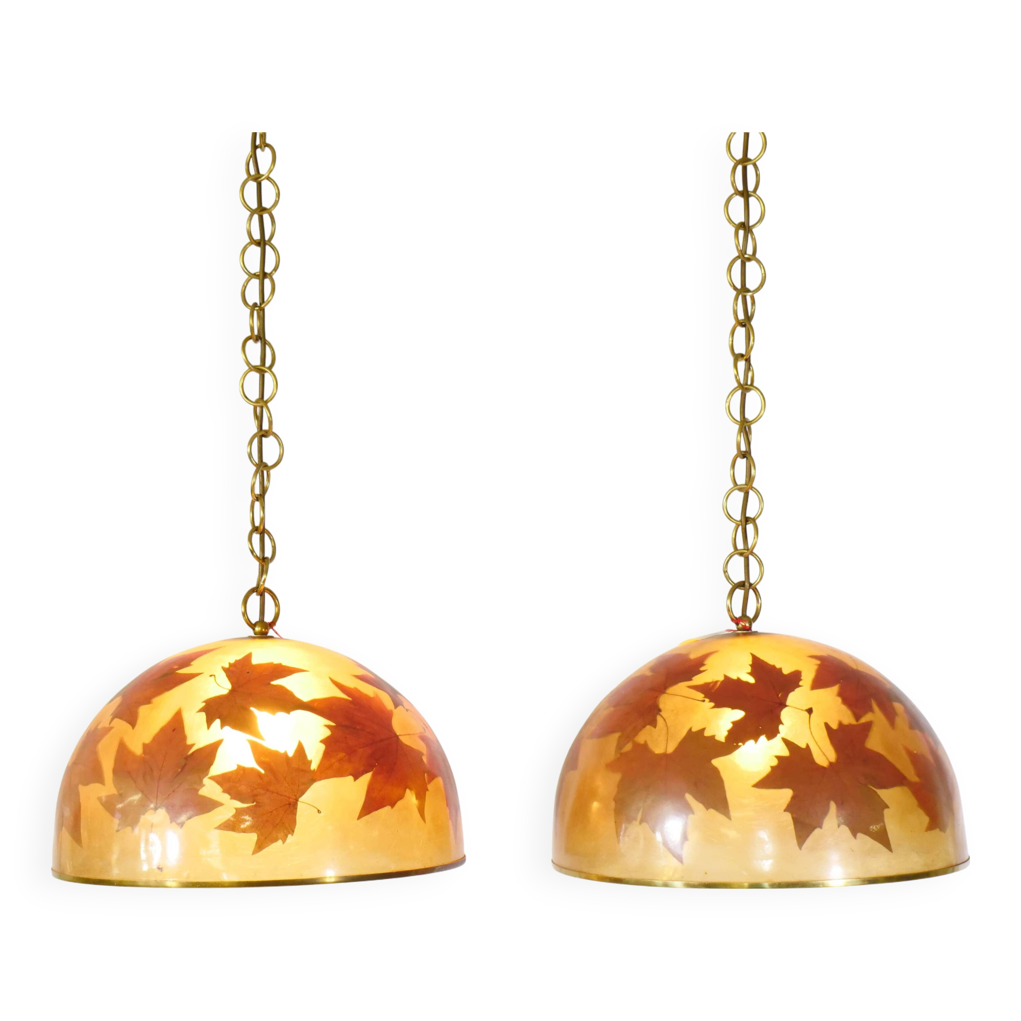 Italian design hanging lamps resin and leaves, 1970s 1980s