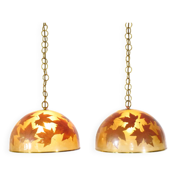 Italian design hanging lamps resin and leaves, 1970s 1980s