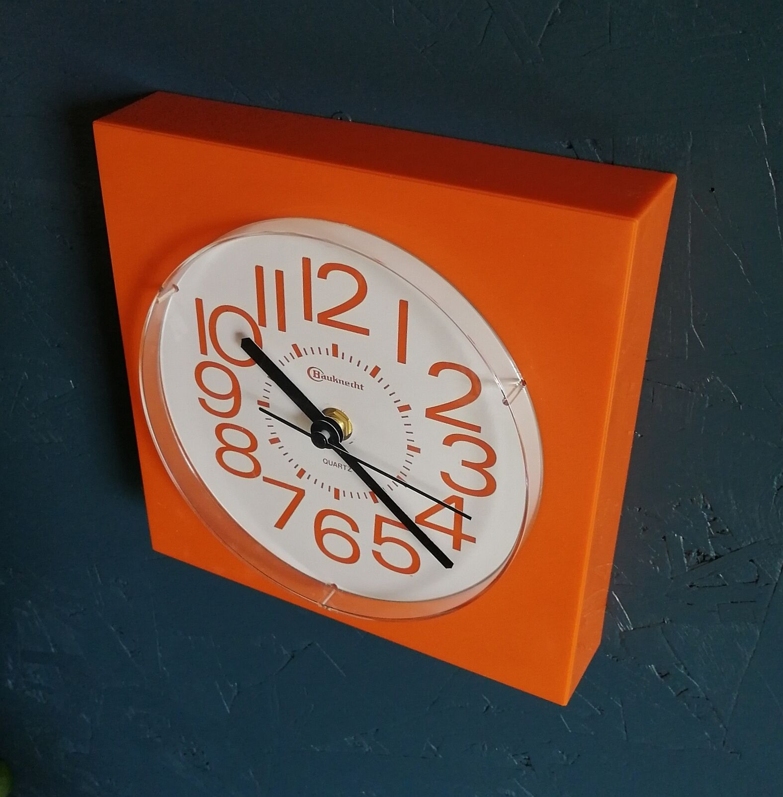 Vintage clock square silent wall clock "Bauknecht orange white"