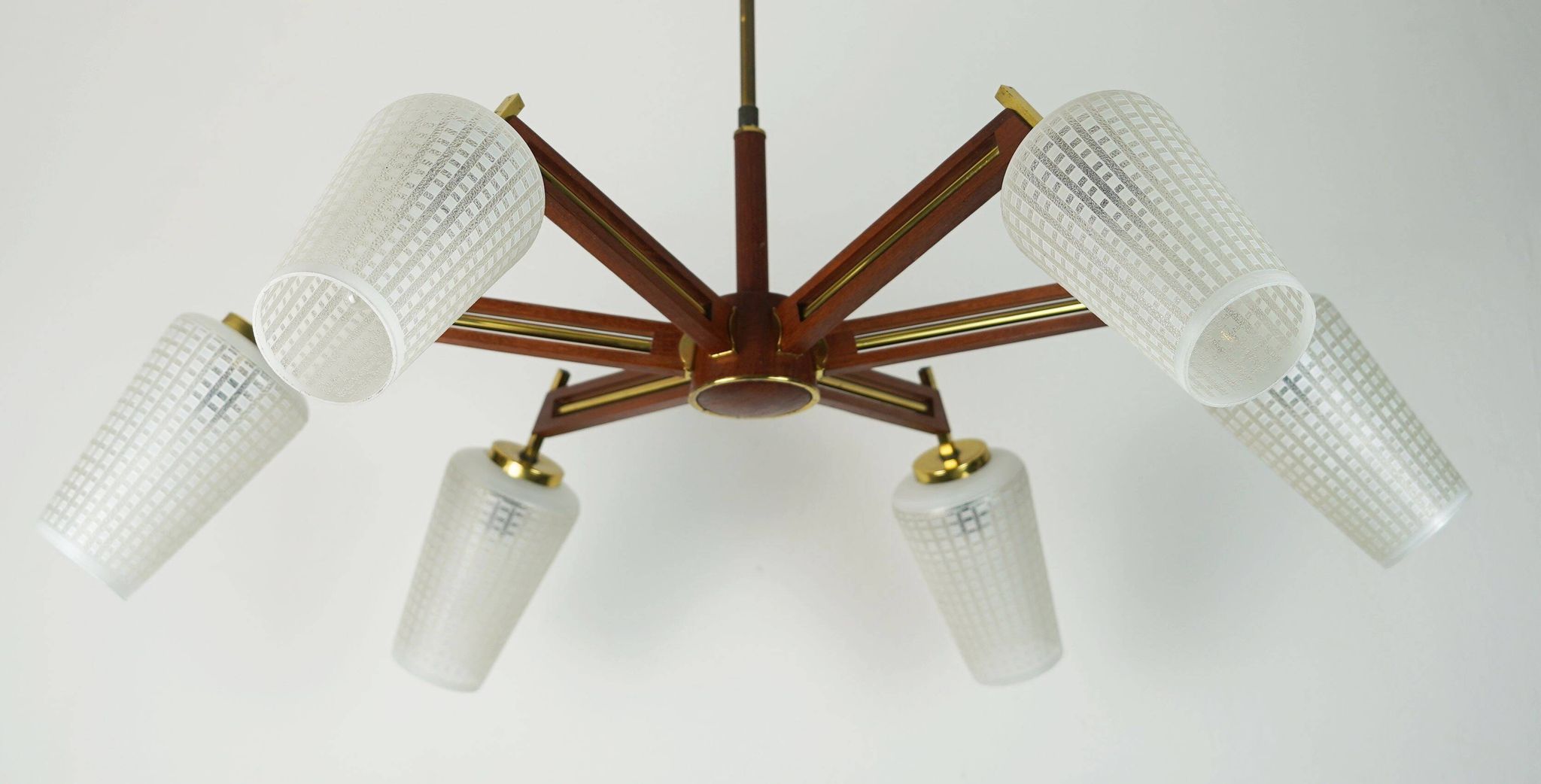 1960s mid century sputnik 8-light CHANDELIER teak brass glass ceiling light