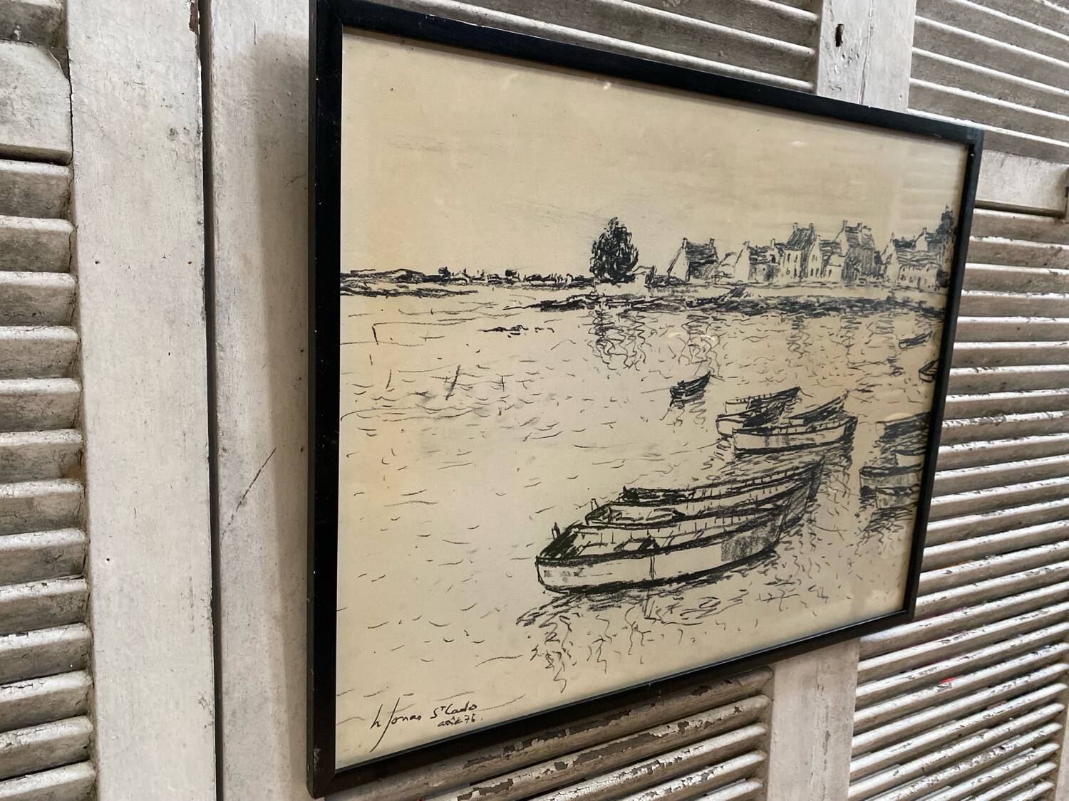 Old charcoal lithograph h. jonas st carlo august 76 + black wood frame