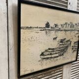 Ancienne lithographie fusain h. jonas st carlo août 76 + cadre bois noir