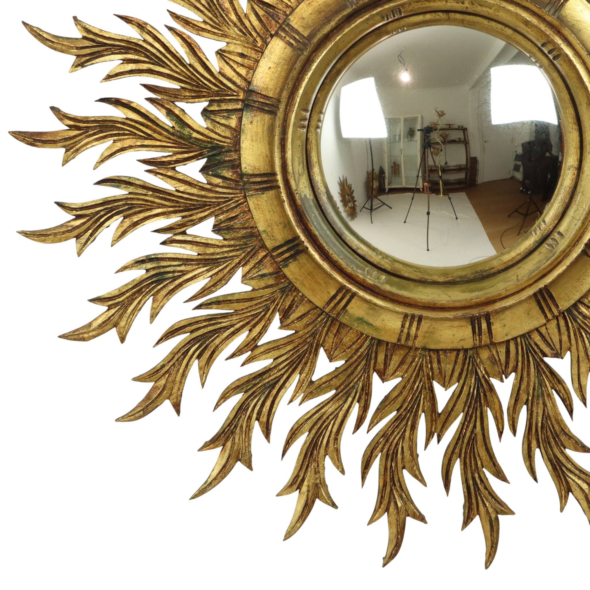 Large Rare Wooden Sun Mirror Sunburst Gold Leaf XL 86cm