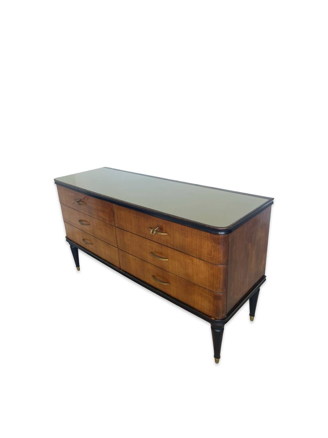 Commode en acajou plaqué avec plateau en verre vert, années 1950