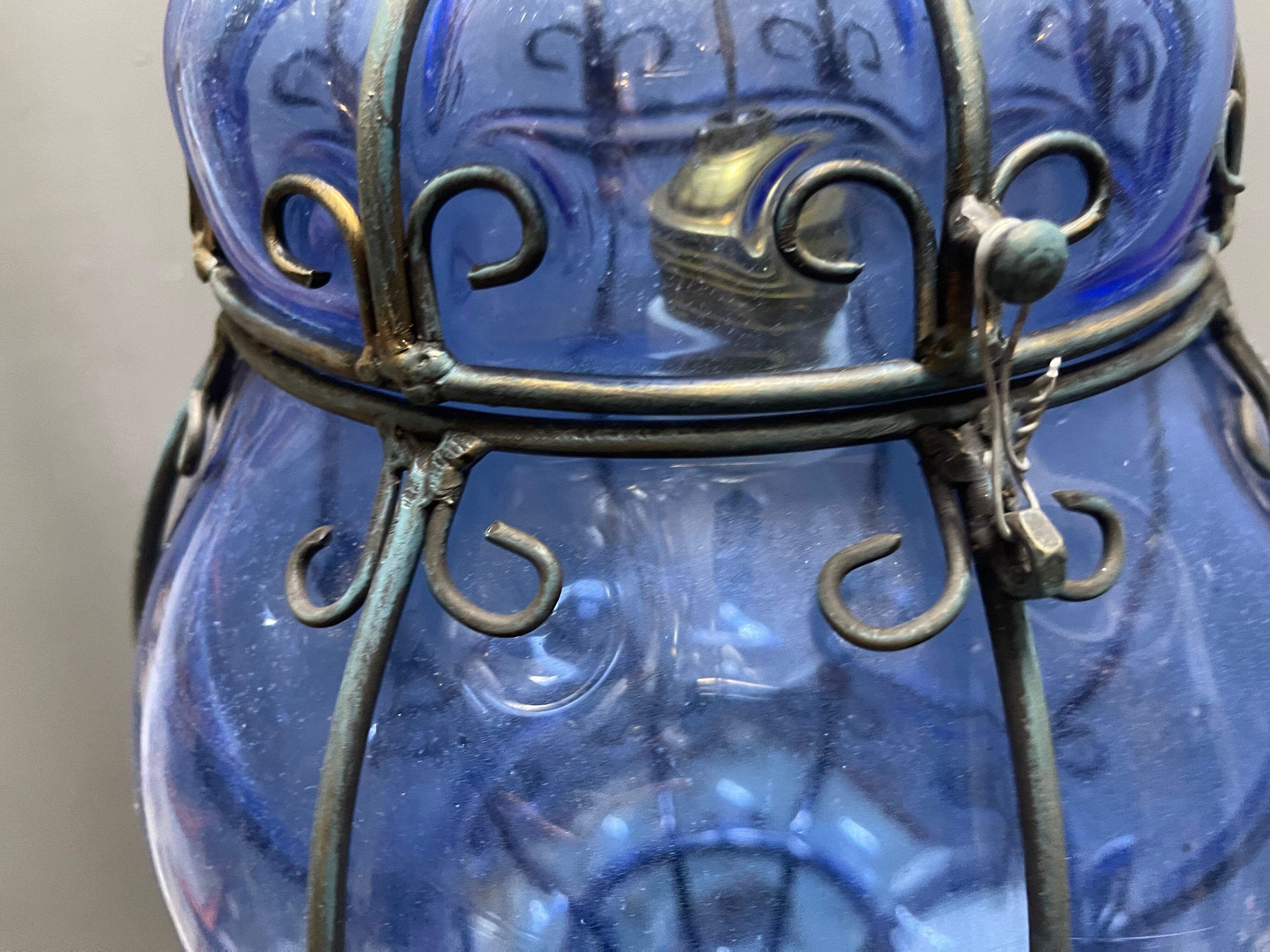 Wrought Iron Blue Murano Glass Light Pendant 1980’s