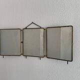 Vintage 1920s triptych barber mirror in gold and green faux crocodile leather - 37 x 87
