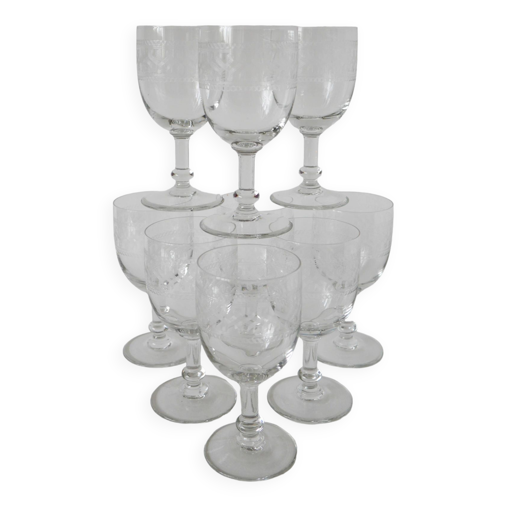 Set of 9 old wine glasses engraved in blown glass, early 20th century