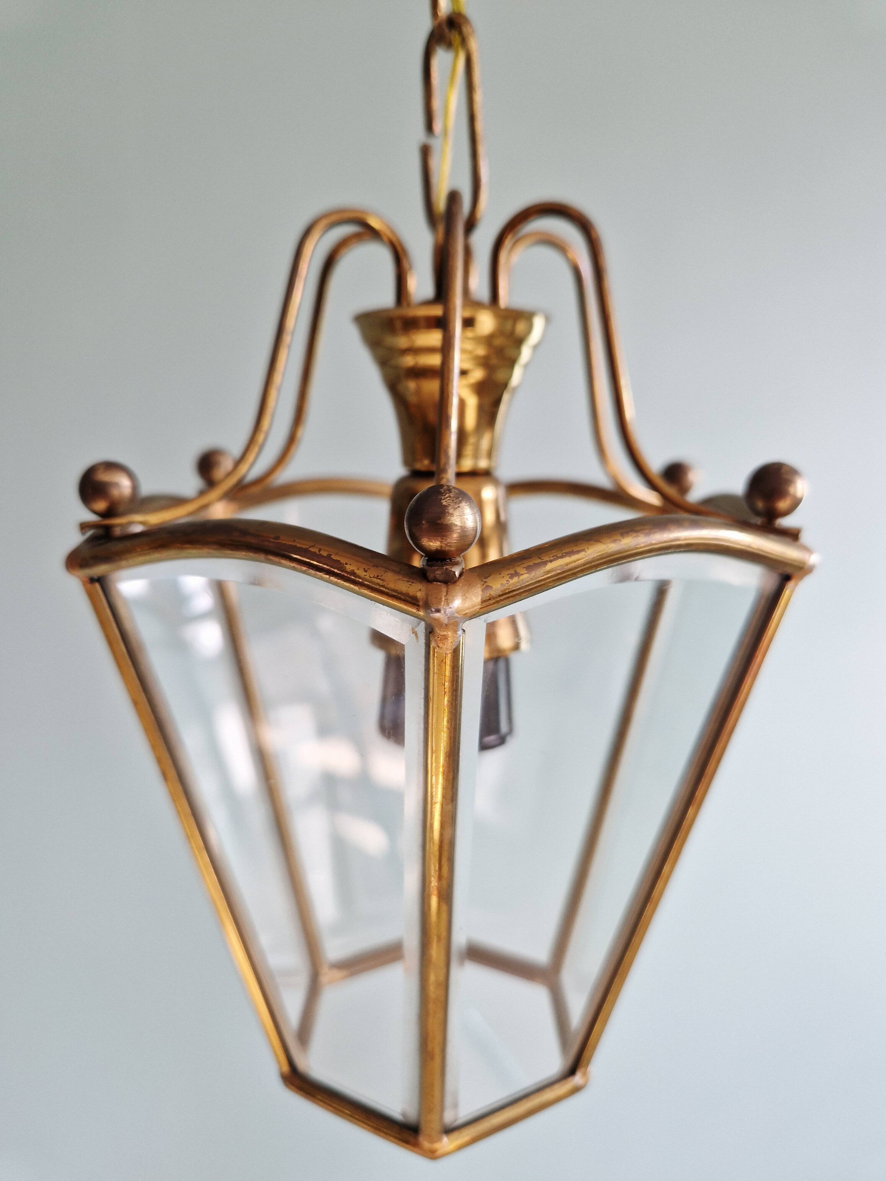 Pair of brass and bevelled glass pendant lights/lanterns, 1950-60.