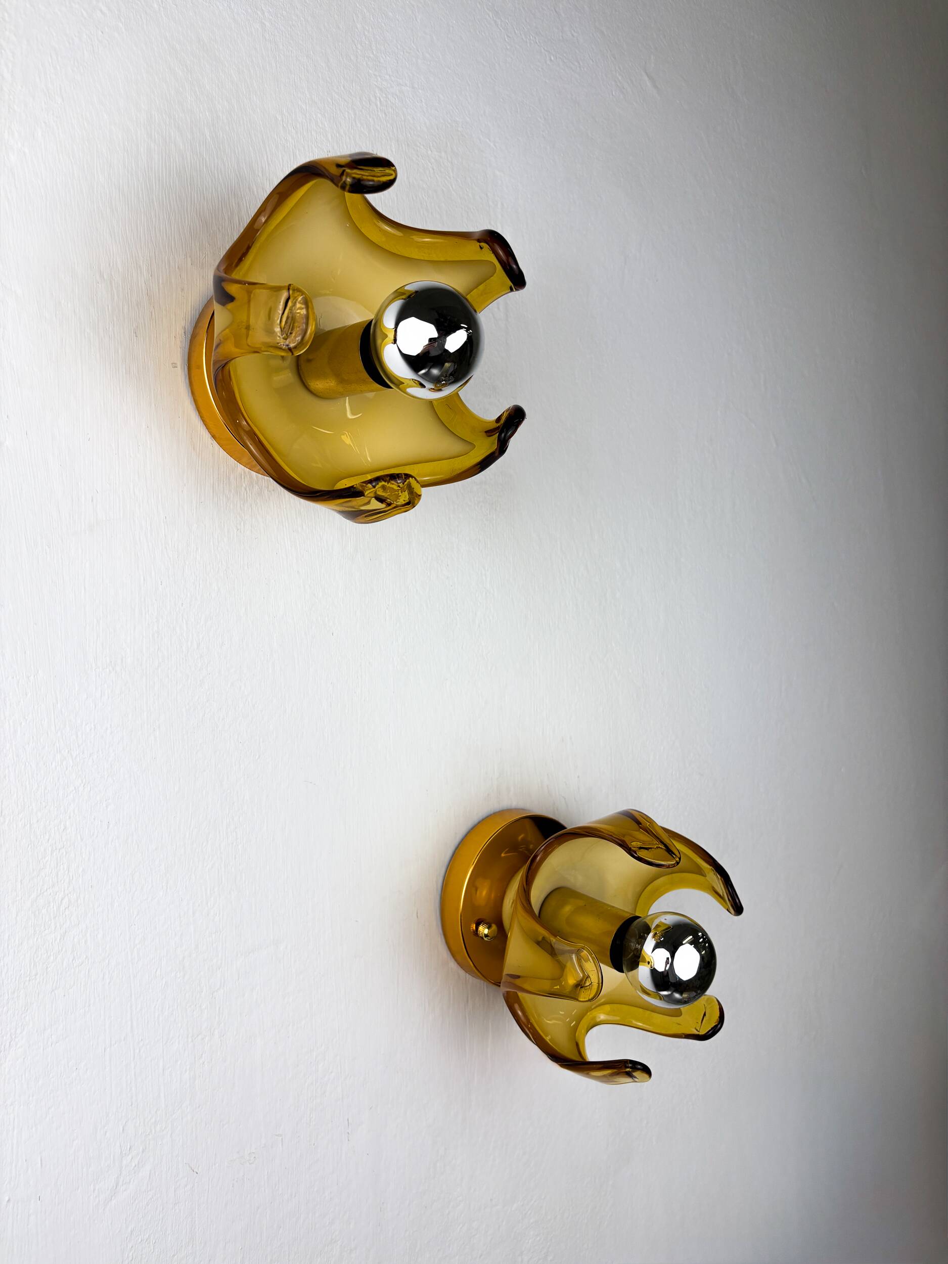 Paire d'appliques Carlo Nason pour Mazzega Murano, verre soufflé de Murano orange I