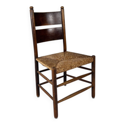 Chaise d'Appoint Antique en Chêne et Jonc, France, 1940s