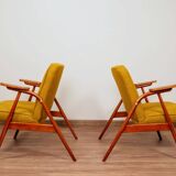 MID Century Armchair Ocher Yellow Wool, Turned Legs, 1960s