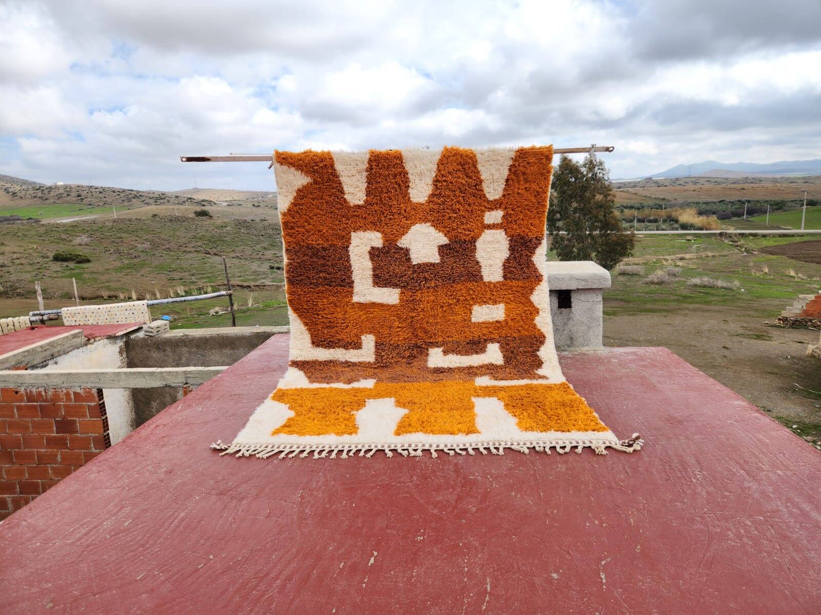 Tapis Beni Ouarain 300x200 cm – Laine épaisse, motifs berbères ocre & écru,