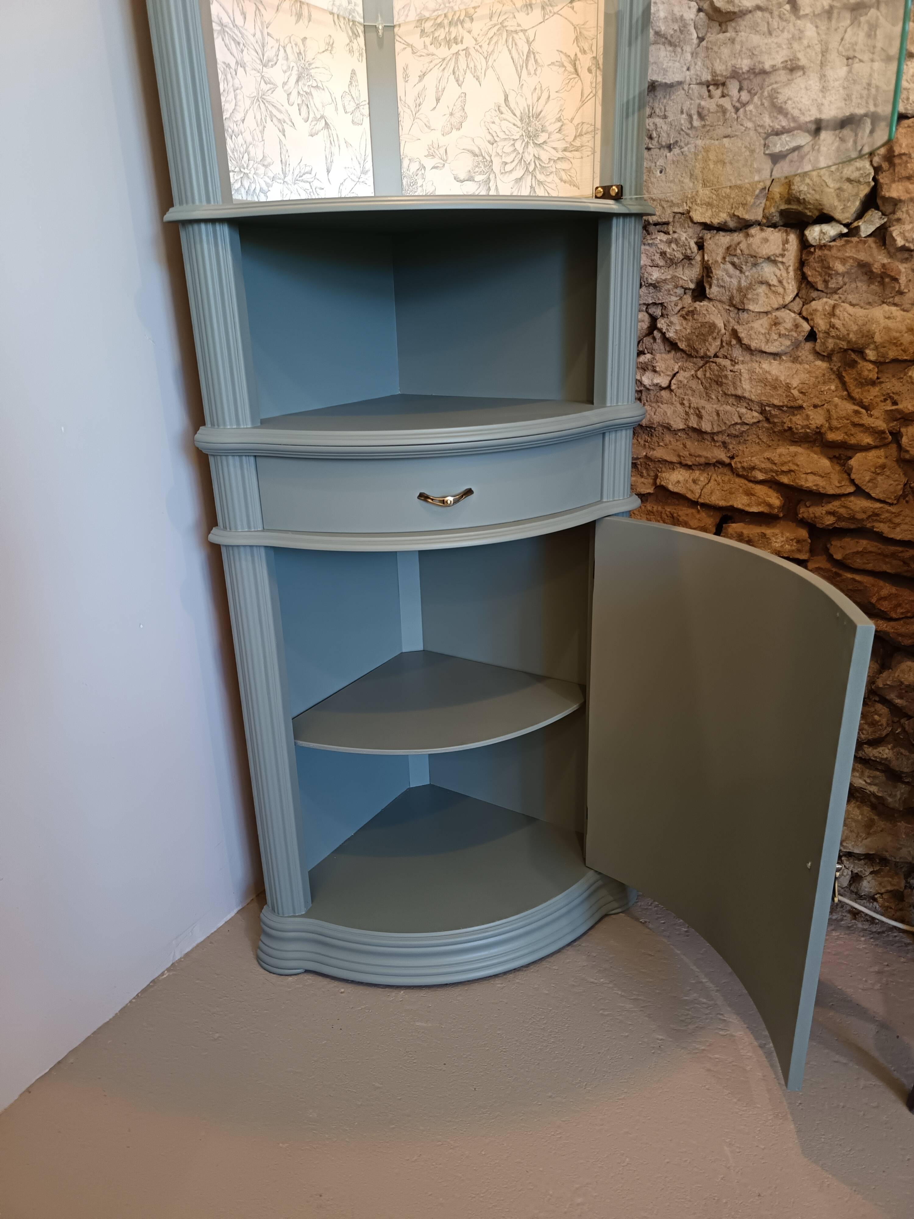 Vitrine vaisselier d'angle vert bronze