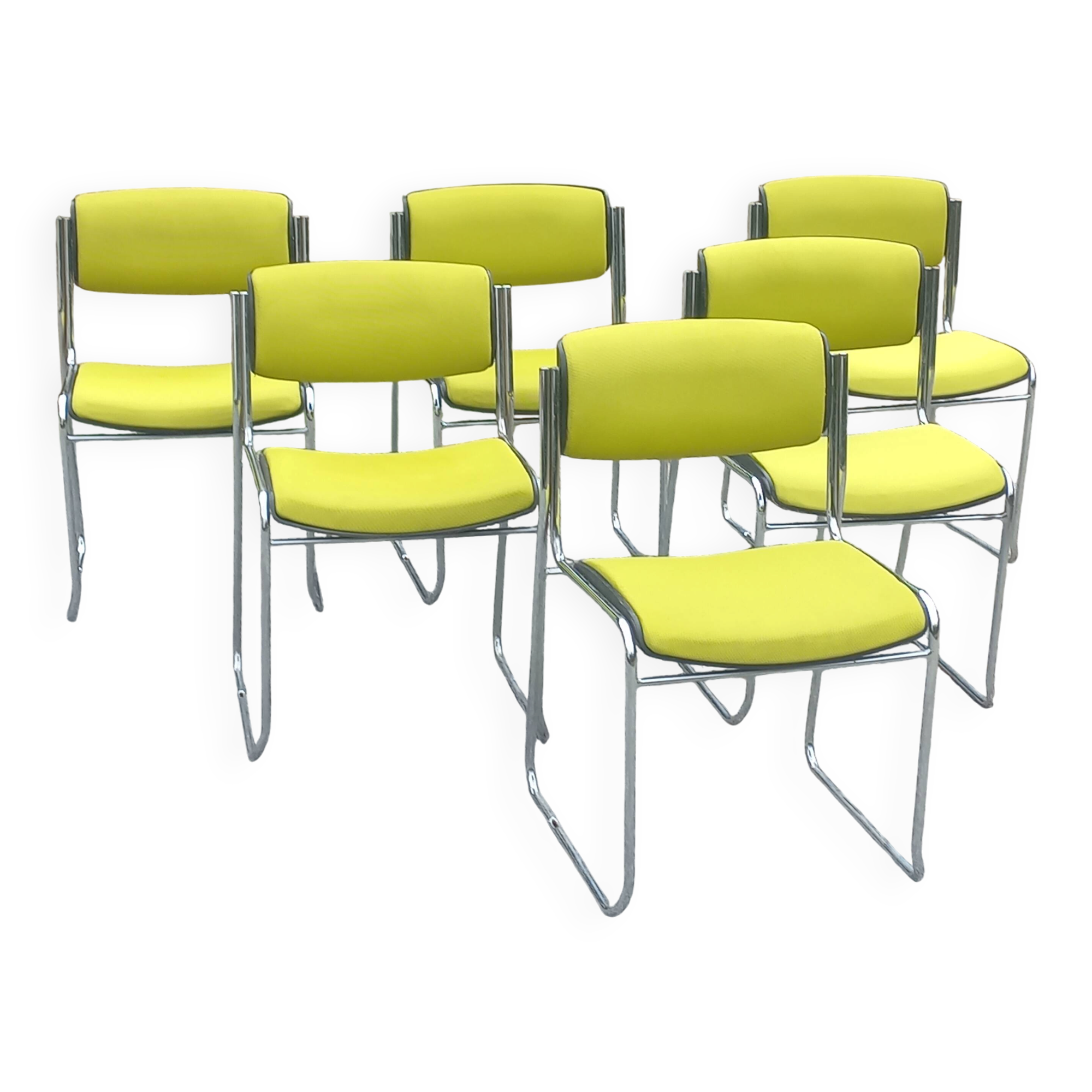 Set of 6 designer chairs with wooden seats and backs, chrome legs.