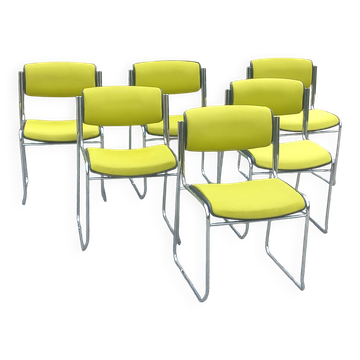 Set of 6 designer chairs with wooden seats and backs, chrome legs.