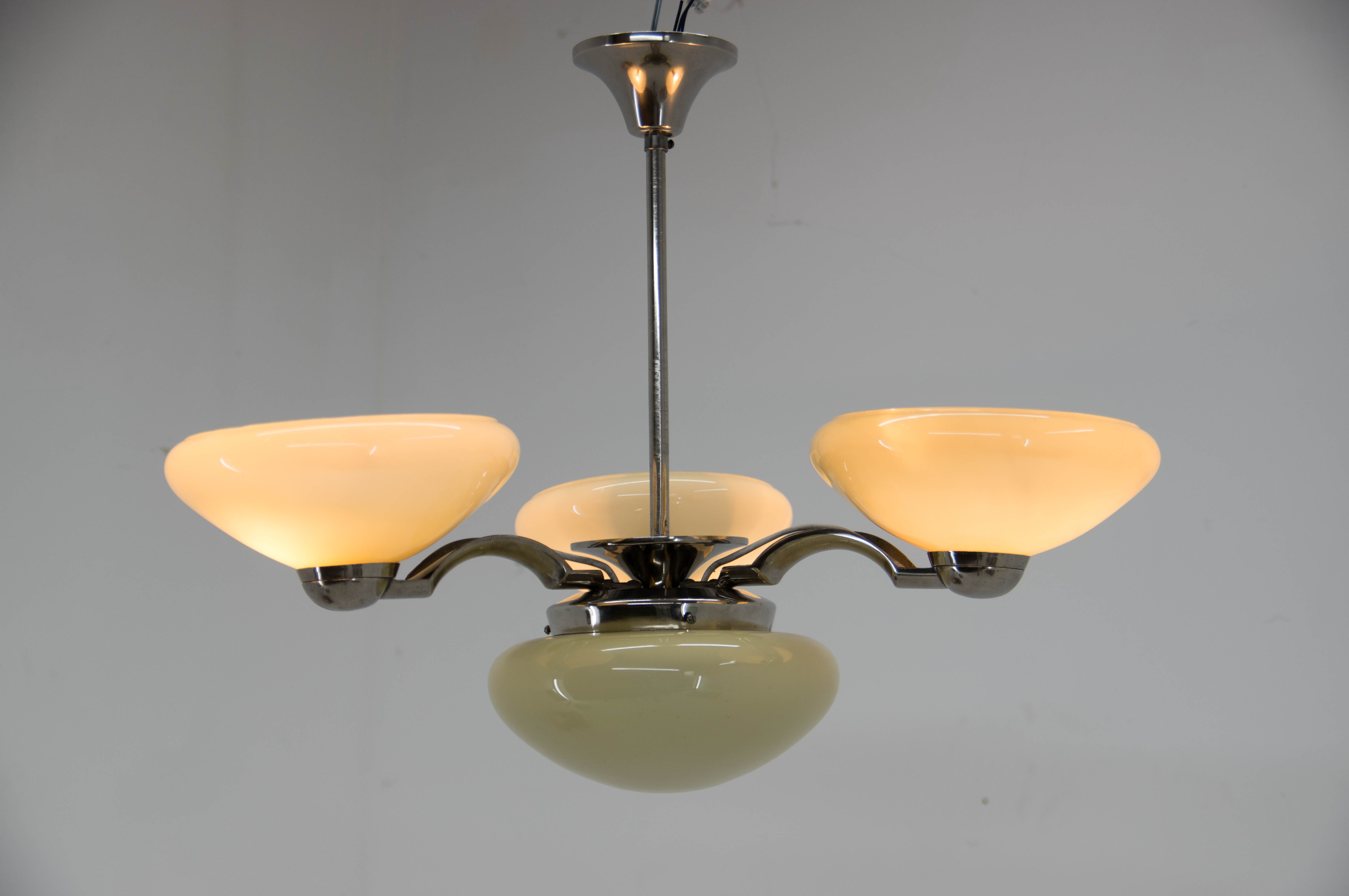 Art deco nickel and glass chandelier, 1930s