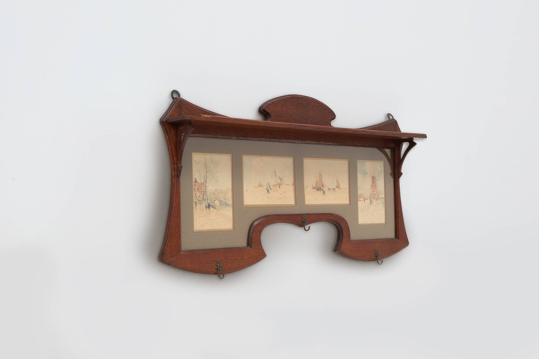 Art Nouveau Wall-Mounted Coat Rack with Framed Watercolors by Cassier, Belg