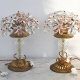 Set of 2 large table lamps with crystal glass flowers, pink and transparent, brass base, 1960