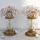 Set of 2 large table lamps with crystal glass flowers, pink and transparent, brass base, 1960