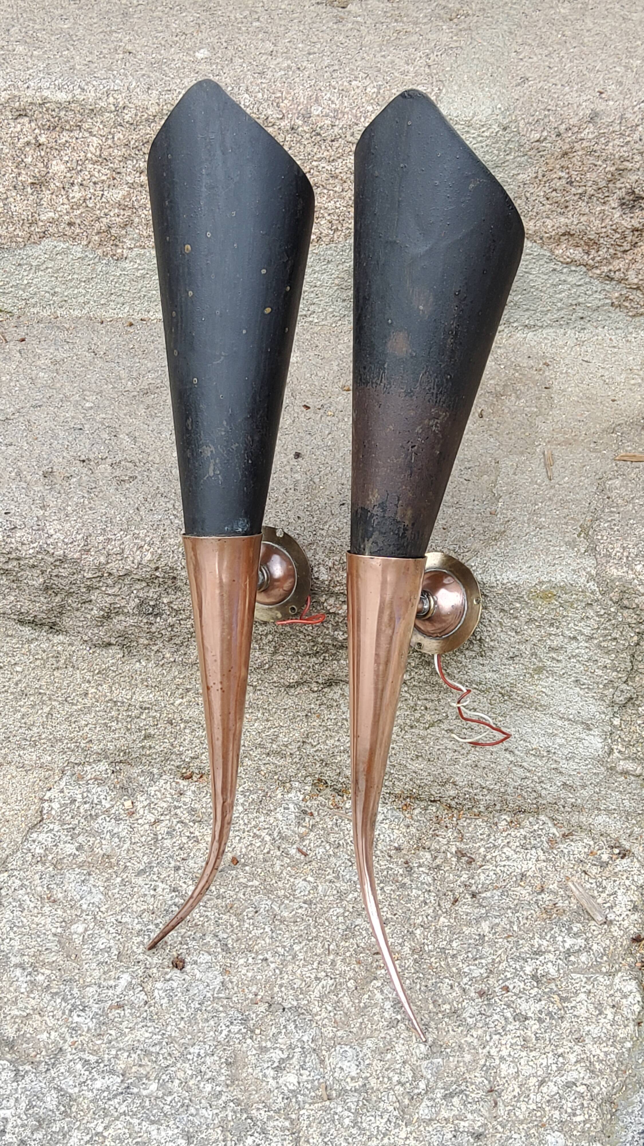 Pair of vintage 50s copper and metal wall lights