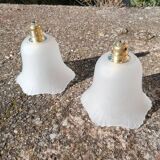 Set of 2 vintage hanging lamps in white glass