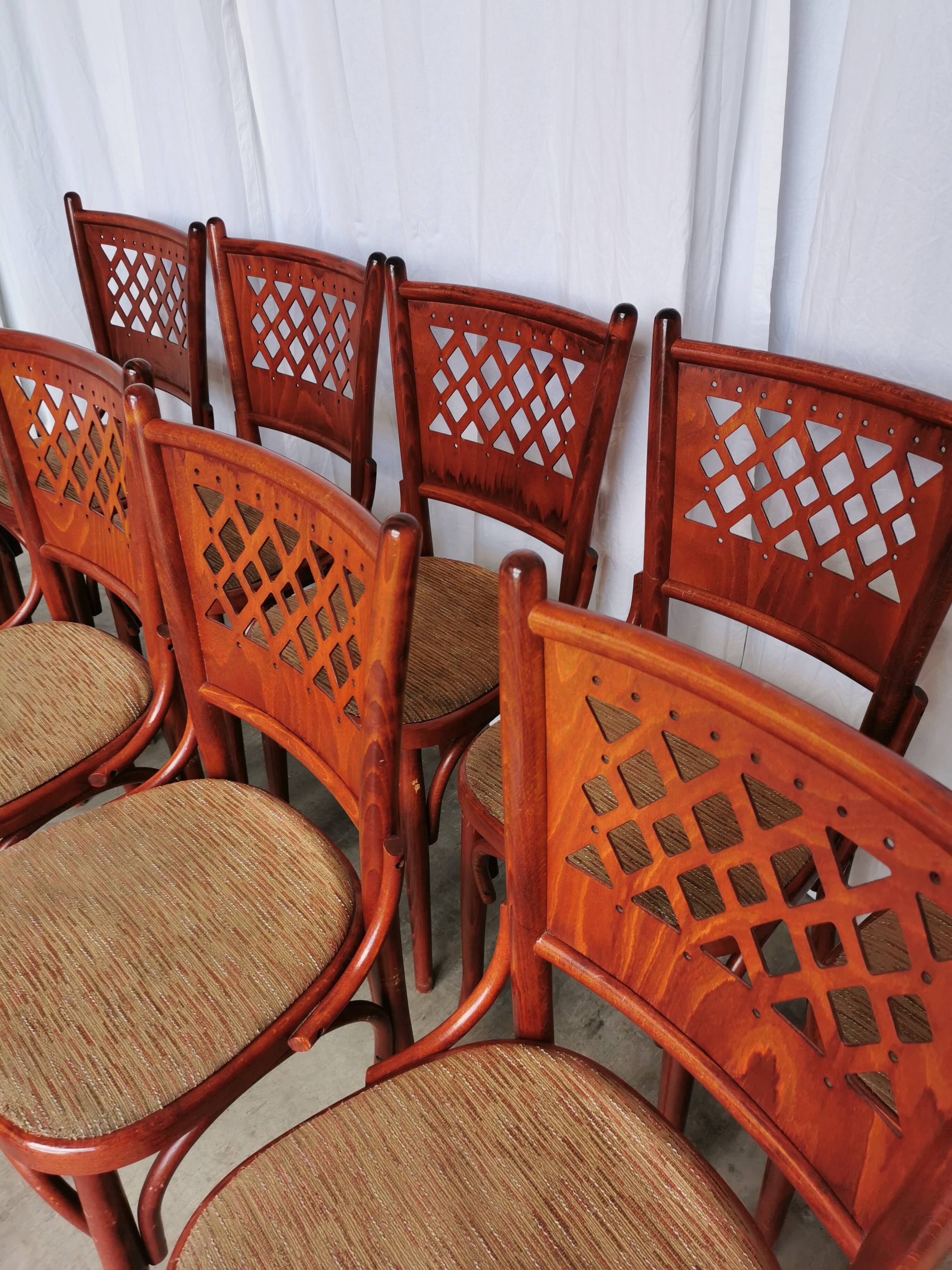 Vintage Italian Bistro Chairs - 1980s Reddish Wood, Brown Fabric - Set of 6