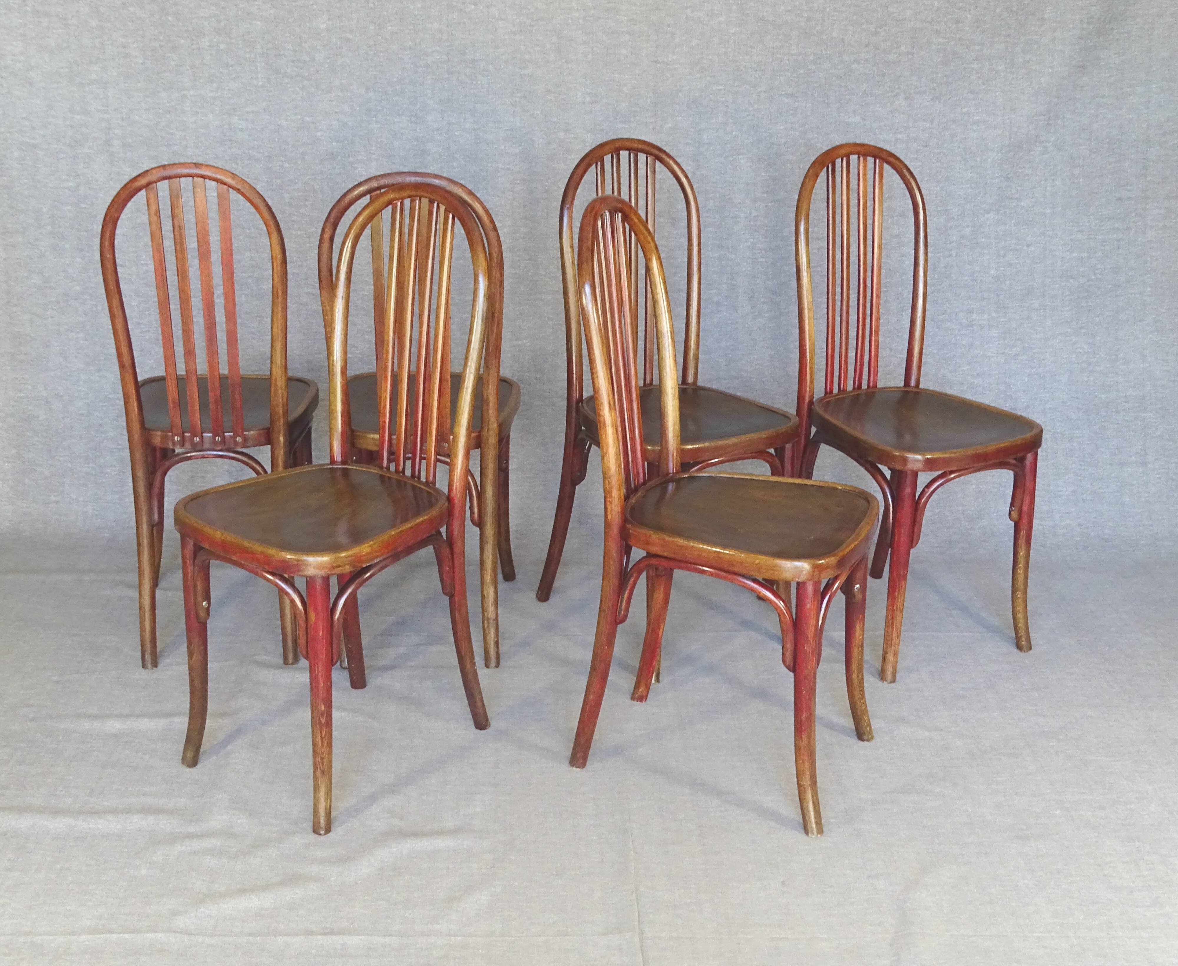 Six bistro chairs, by KOHN, 1925 - not Thonet -