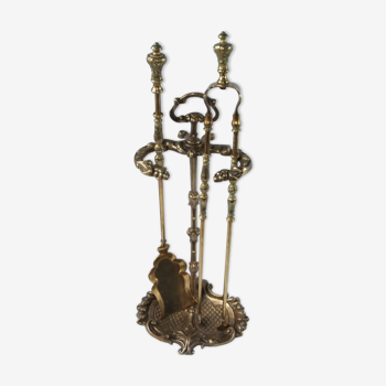 Serviteur cheminée ancien bronze accessoire garniture pince pelle décor  acanthe