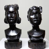 Couple of Malagasy busts in dark exotic wood, carved, craftsmanship from the 1940s to 1970s.