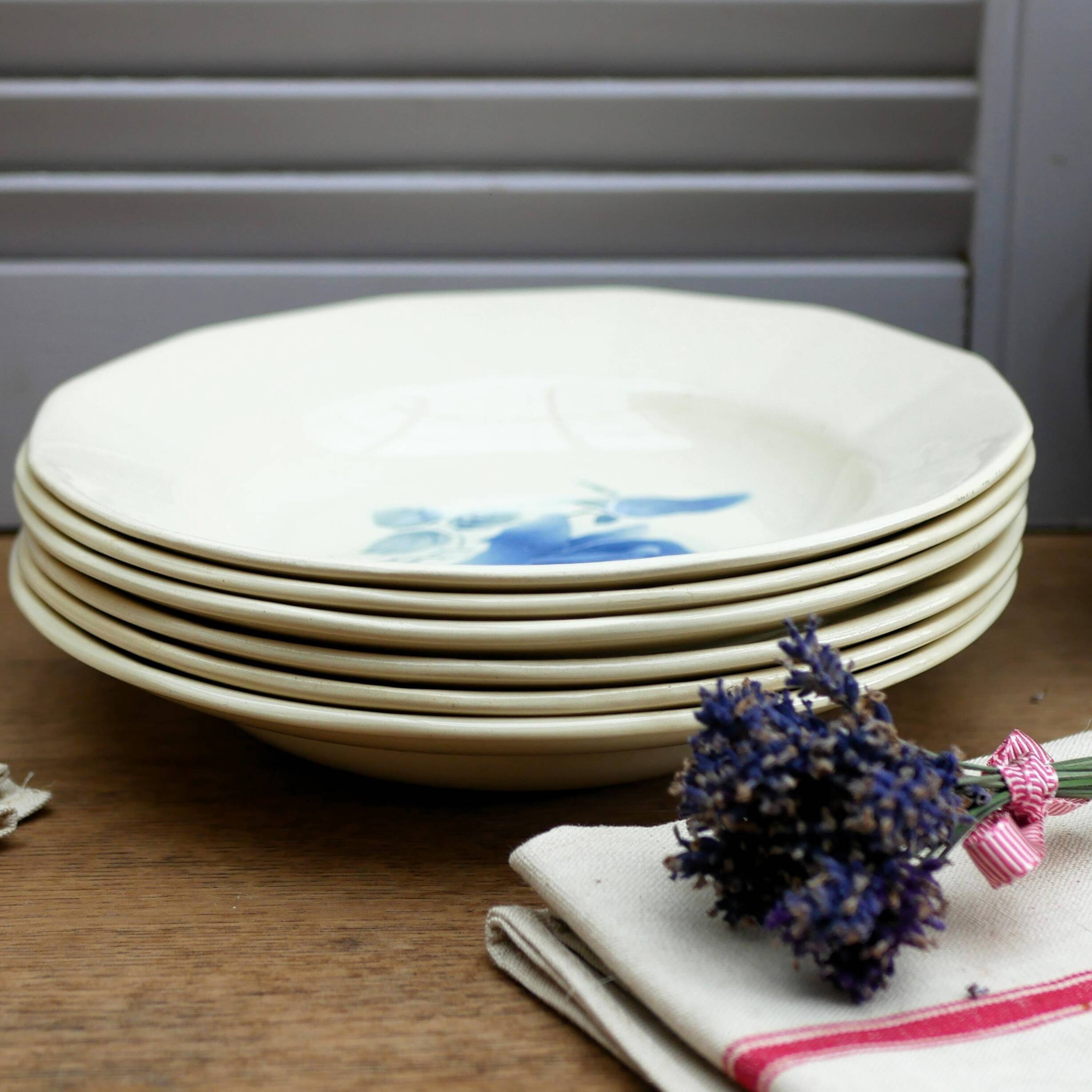 Six Art Deco Digoin earthenware soup bowls with blue rose motif