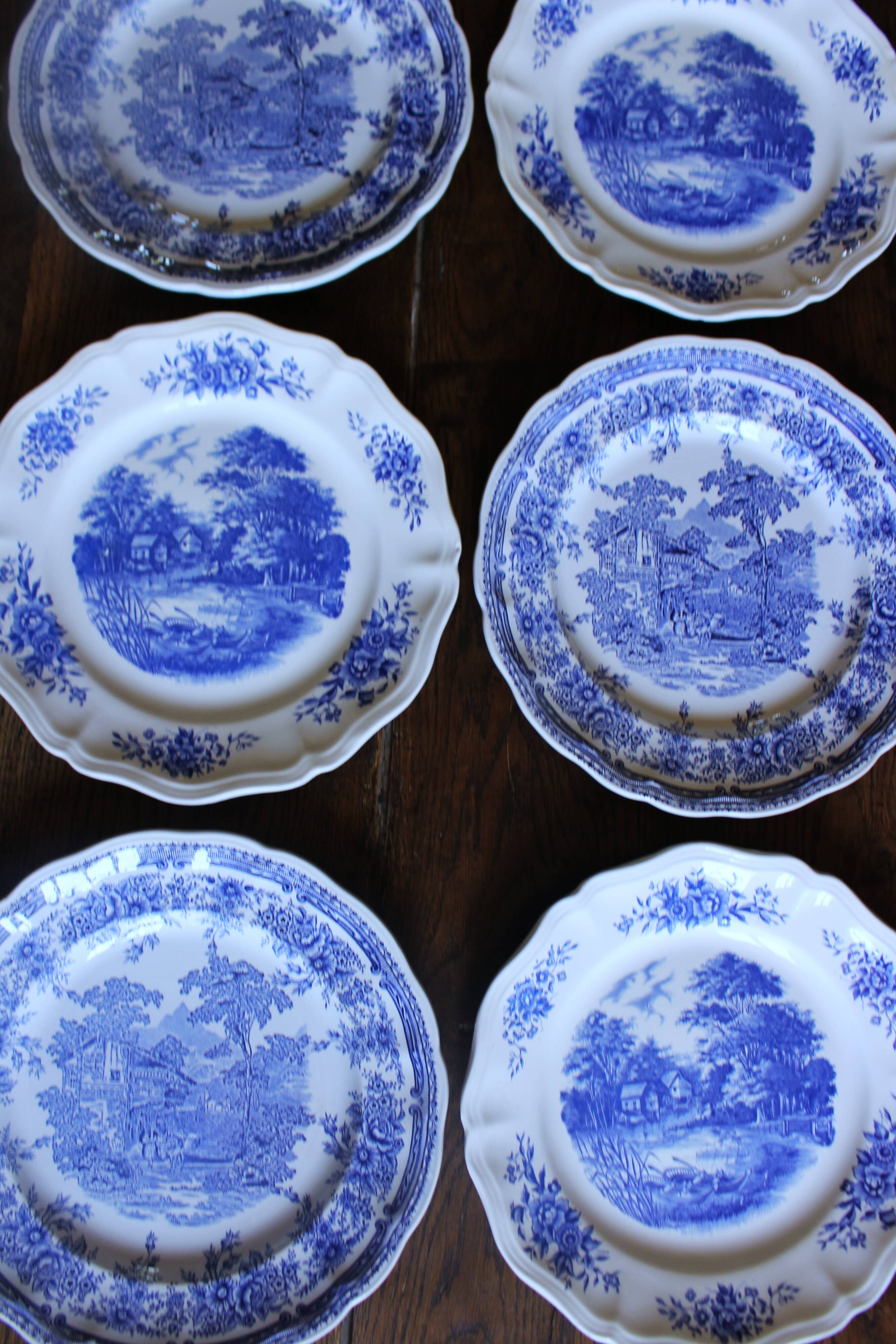 6 romantic blue Lunéville Sarreguemines dinner plates