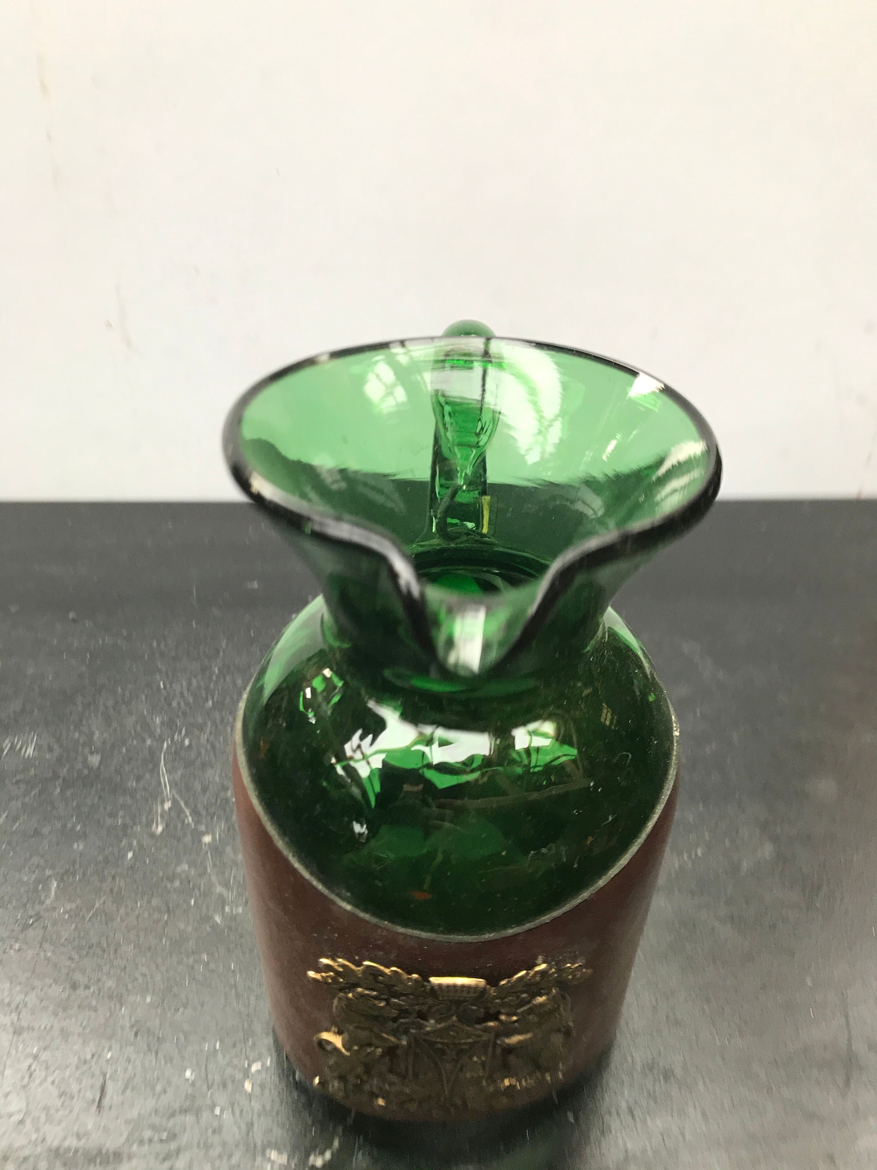 Former Carafe Pitcher Green Blown Glass - Leather - Vintage Kitchen