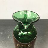 Pichet carafe verre soufflé vert avec cuir & écusson cuisine vintage