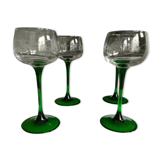 4 engraved Alsace wine glasses green feet