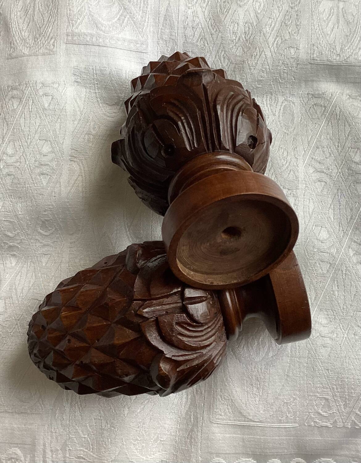 Set of 2 old pine cone shaped wooden tips