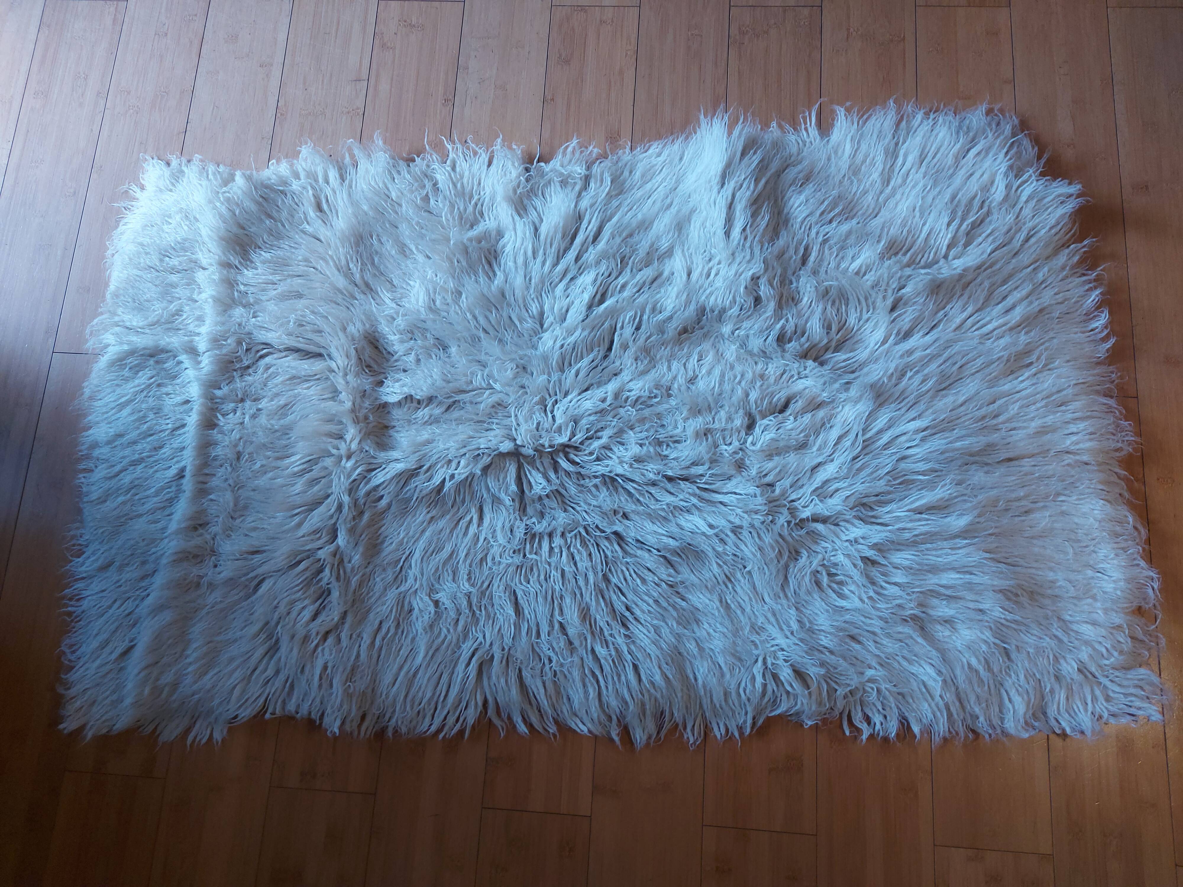 White pure wool long pile rug, vintage