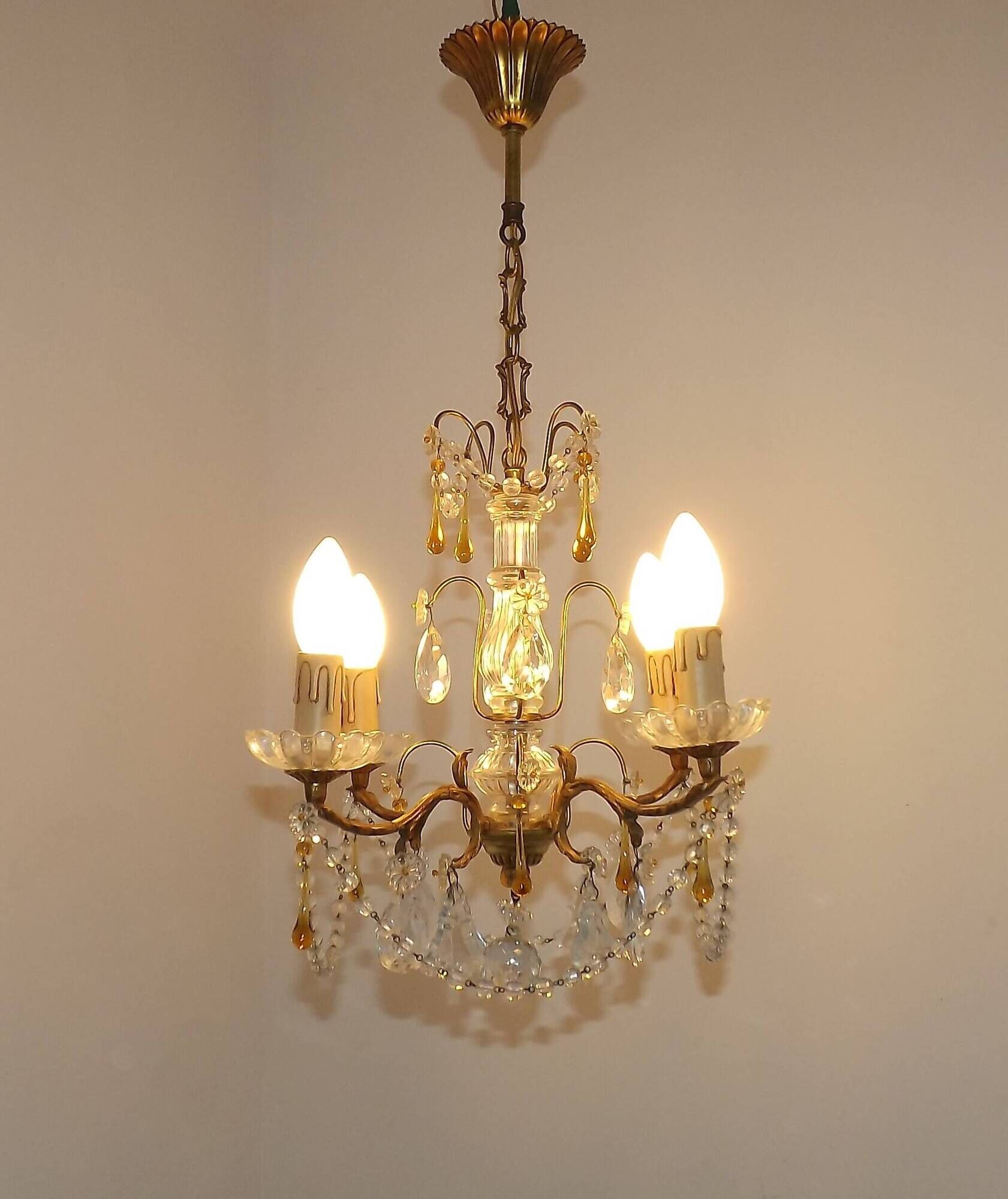 Vintage 4-Light Bronze, Glass & Crystal Chandelier with Amber Glass Drops
