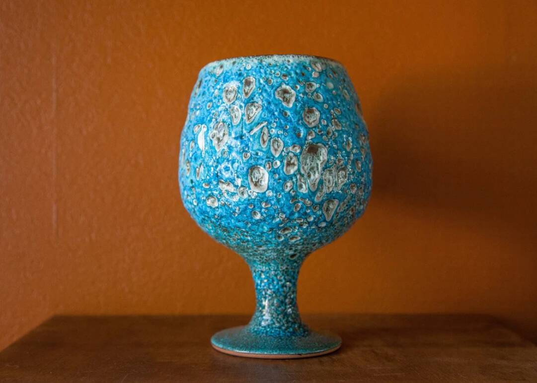 Fat Lava turquoise ceramic cup, blue crater ceramic vase, turquoise emaux, chalice, Cyclops