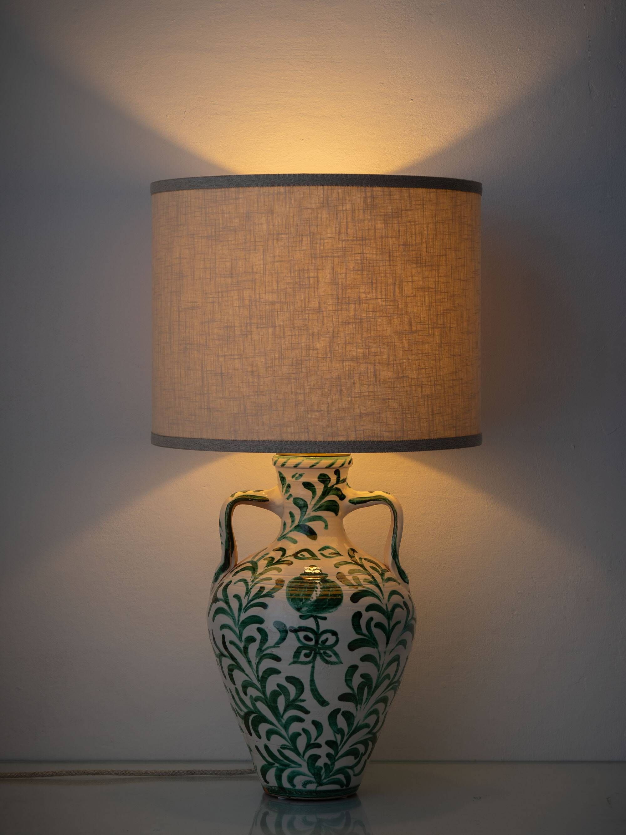 Spanish Revival Ceramic Table Lamp Pair from Granada, New Linen Lampshades
