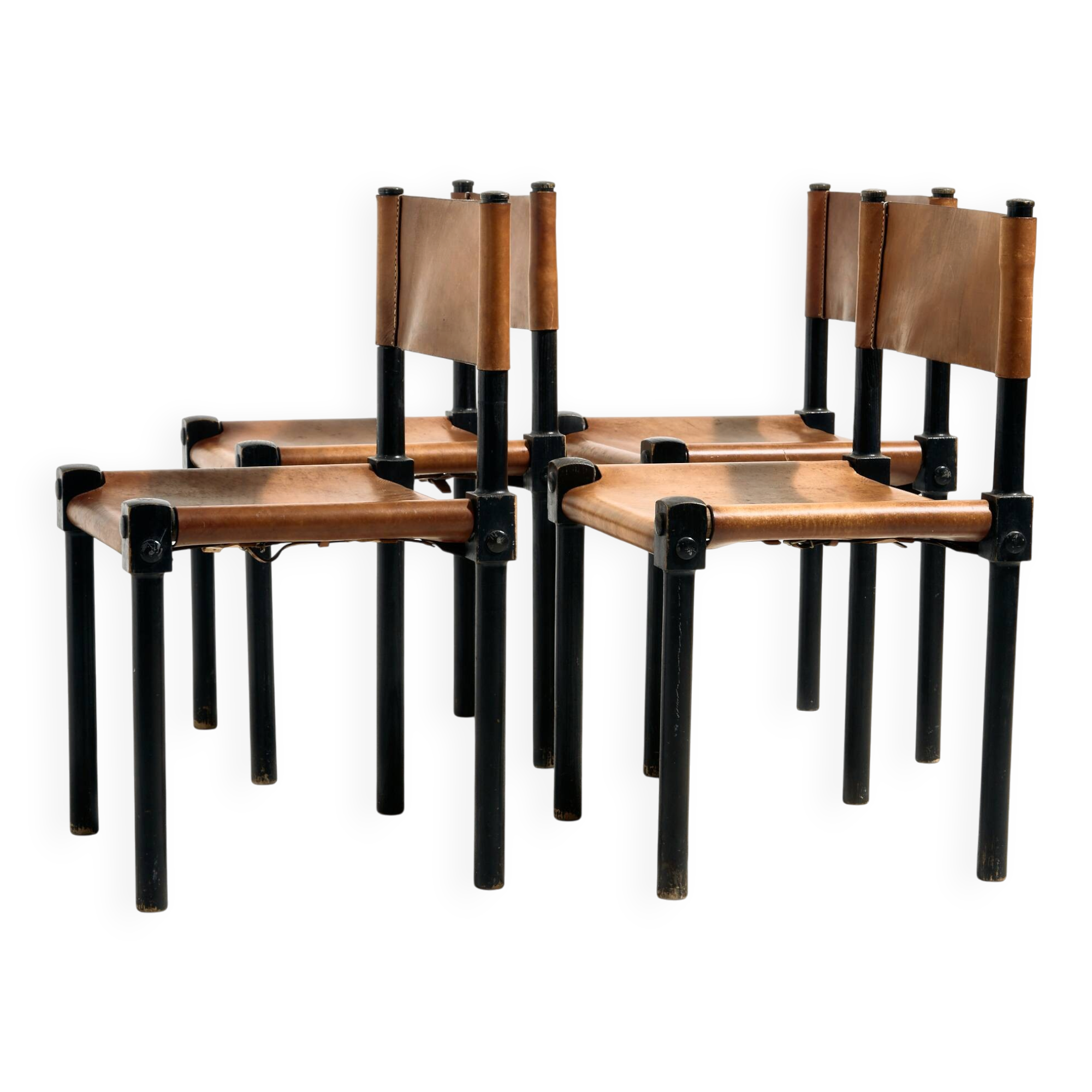 Brutalist beech and leather chair, set of 4