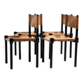 Chaise brutaliste en hêtre et cuir, lot de 4