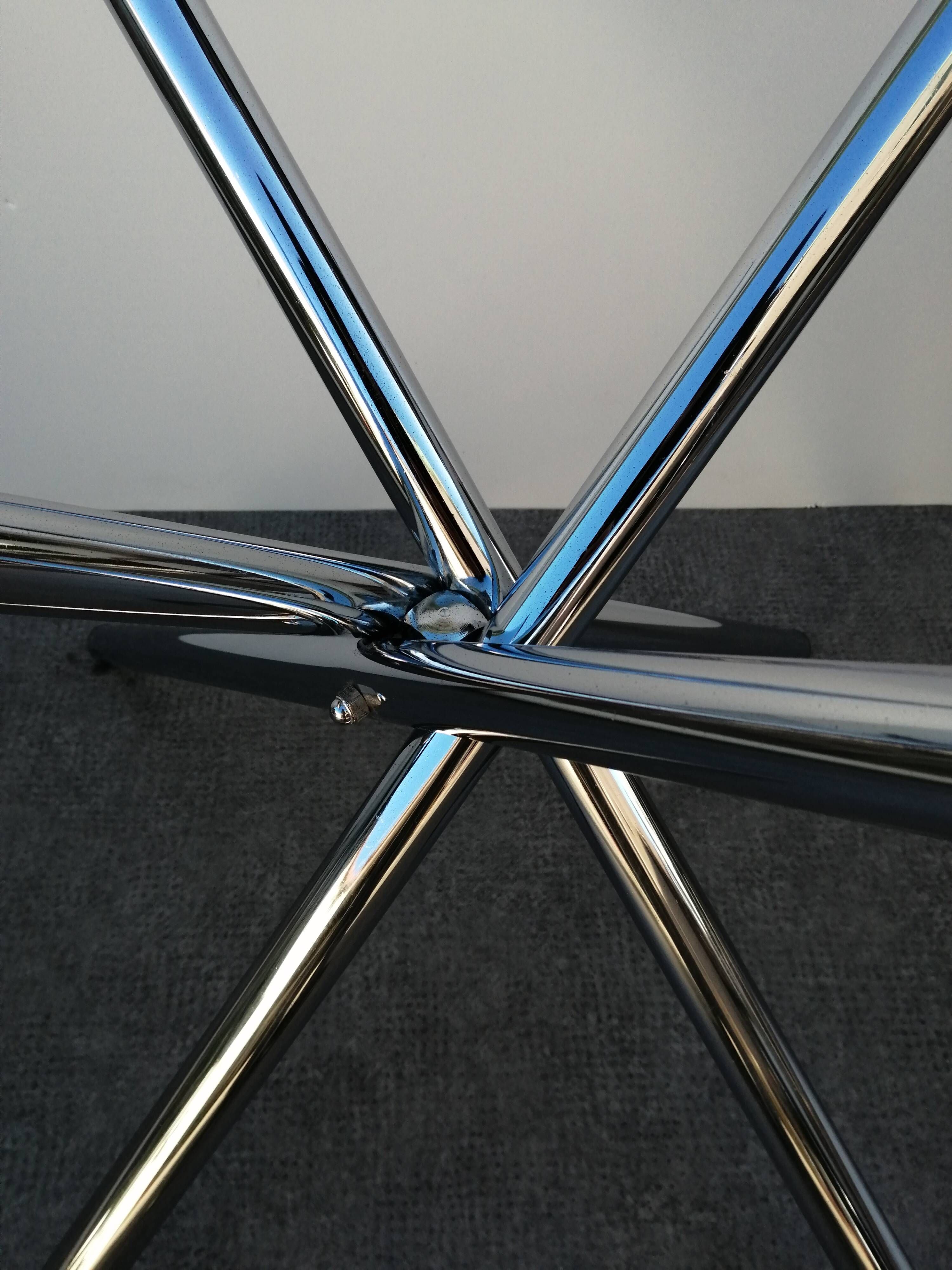 Designer smoked glass table, chrome Mikado base, vintage 1970
