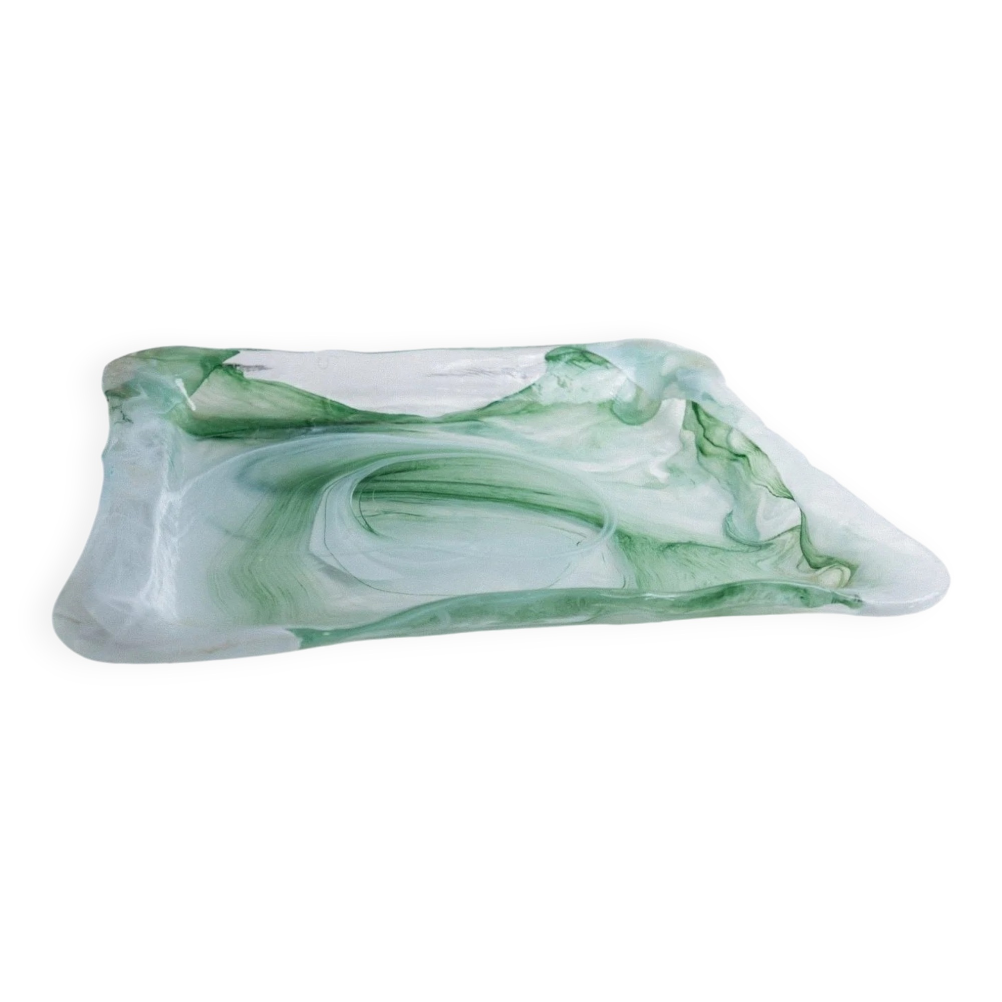 Vintage Murano Glass Tray in Green and White Swirls - Handmade Italian Glass, Mid-Century 1970s