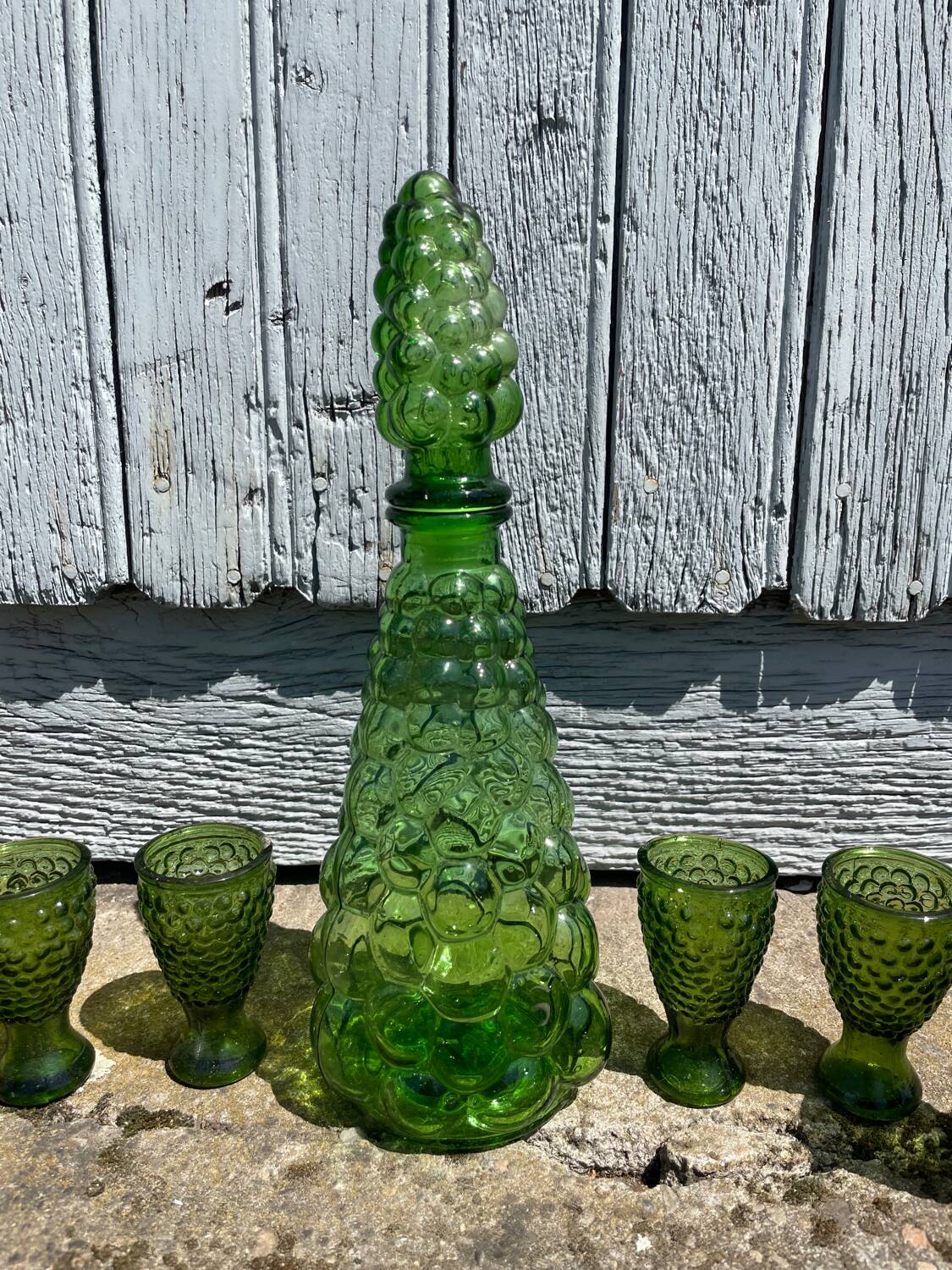 Liqueur service coloured glass empoli, vintage green carafe